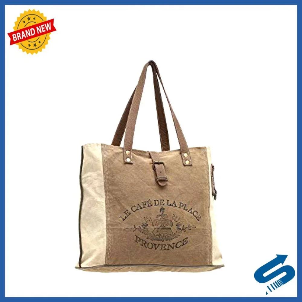 Canvas Leather Tote Bag Vintage Boho Chic Spacious Everyday Purse - Picture 3 of 4